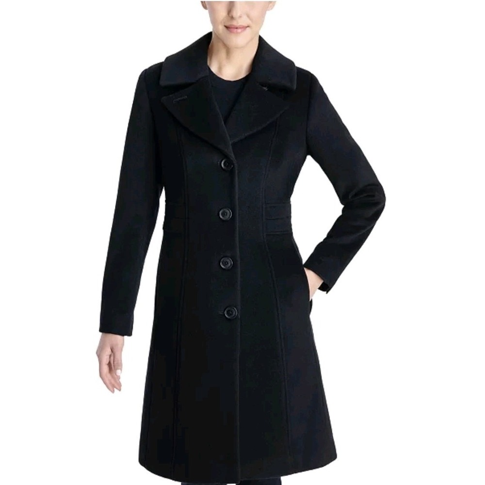 Anne‎ Klein Pea Coat Women S Single Breasted Walker Black Wool Blend Long Thick